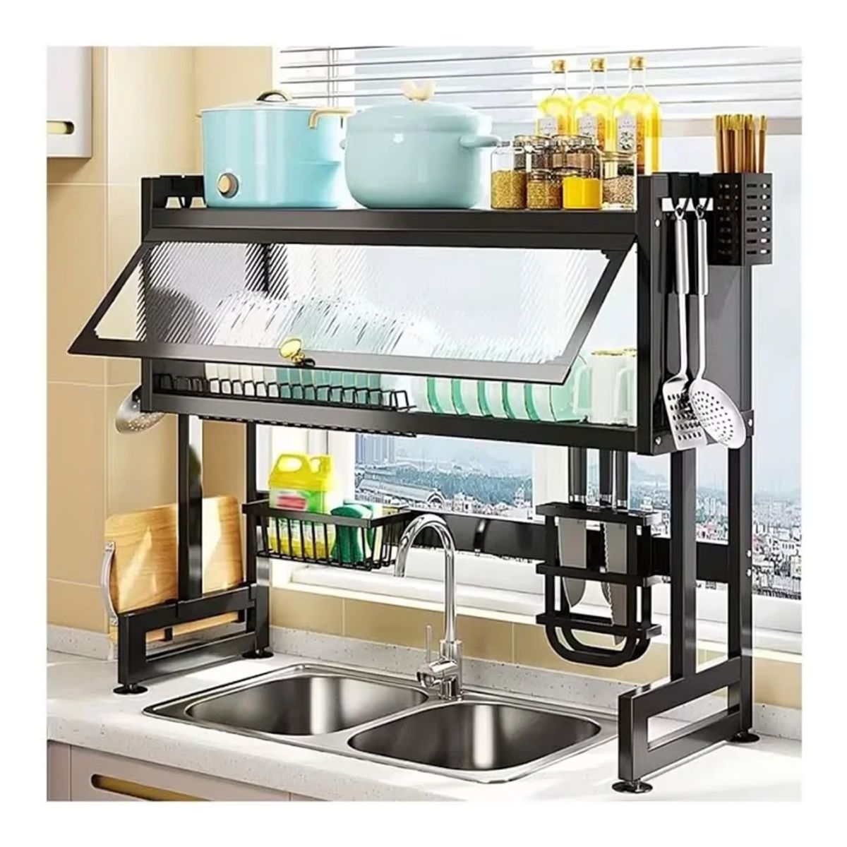 GENERICO - Organizador Y Escurridor Platos Loza Con Tapa Color Negro 85 Cms