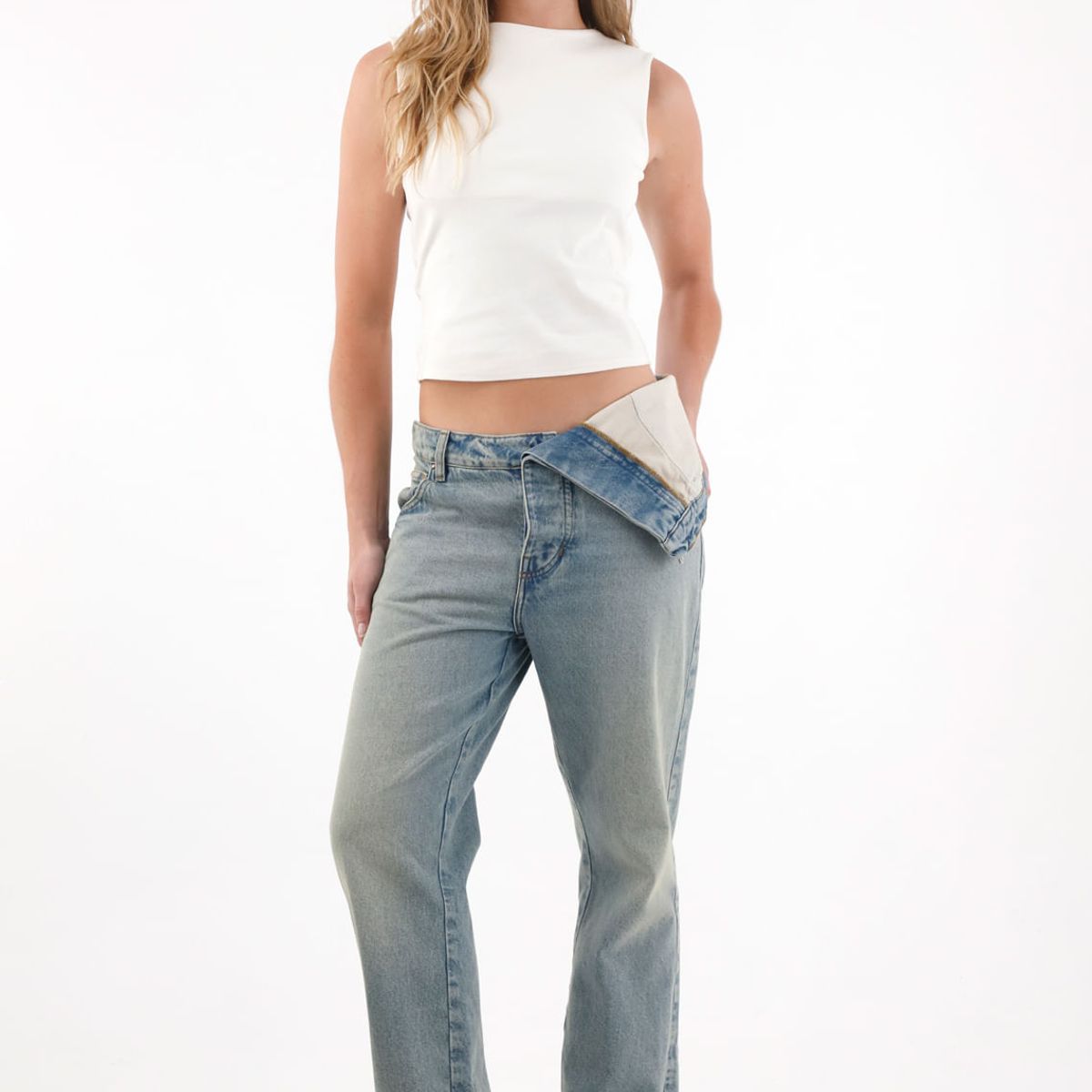 TENNIS - Jean Recto de tiro medio con doblez en pretina azul para mujer