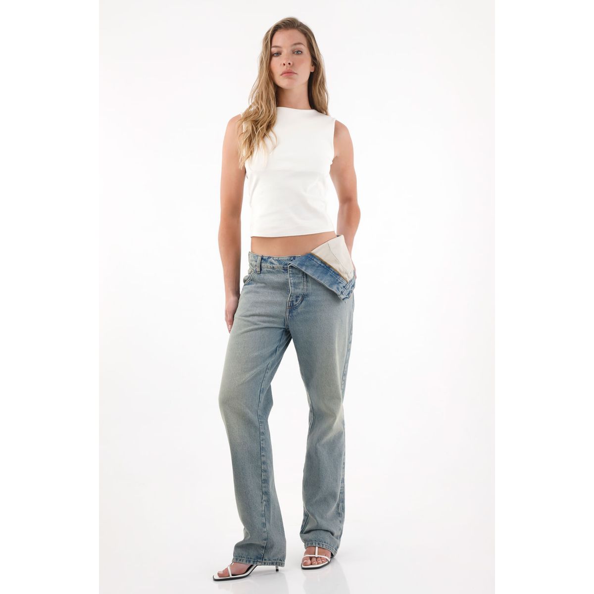 TENNIS - Jean Recto de tiro medio con doblez en pretina azul para mujer