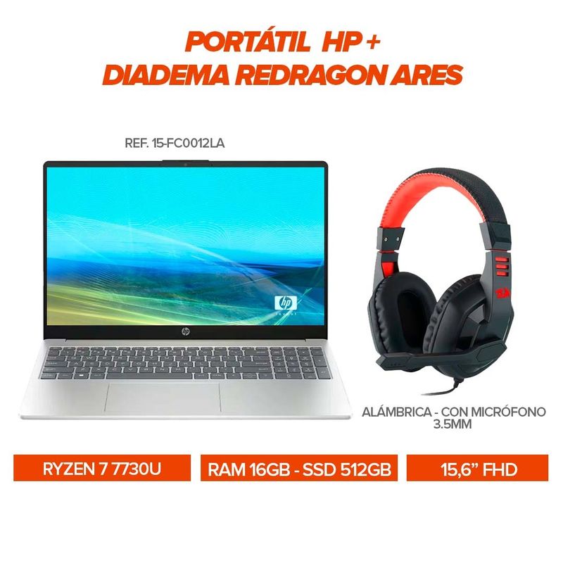 HP - Portátil HP Ryzen 7 7730U / RAM 16GB / SSD 512GB / 15.6” FHD / Diadema Redragon Ares con Micrófono