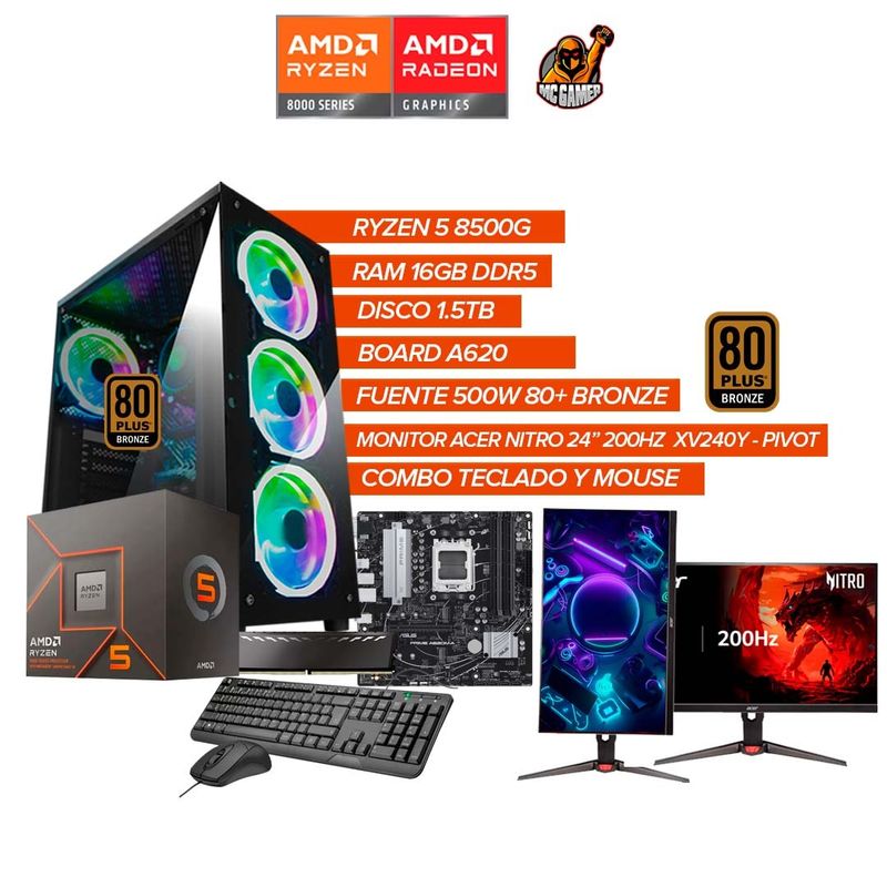 AMD - PC Gamer Ryzen 5 8500G RAM 16GB DDR5 SSD 1.5TB Monitor 24” 200Hz PIVOT 500W BRZ