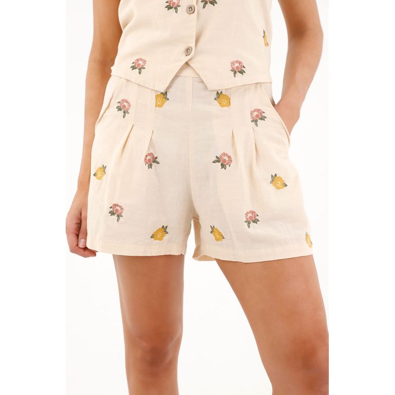 TOPMARK - Bermuda con flores bordadas crudo para mujer