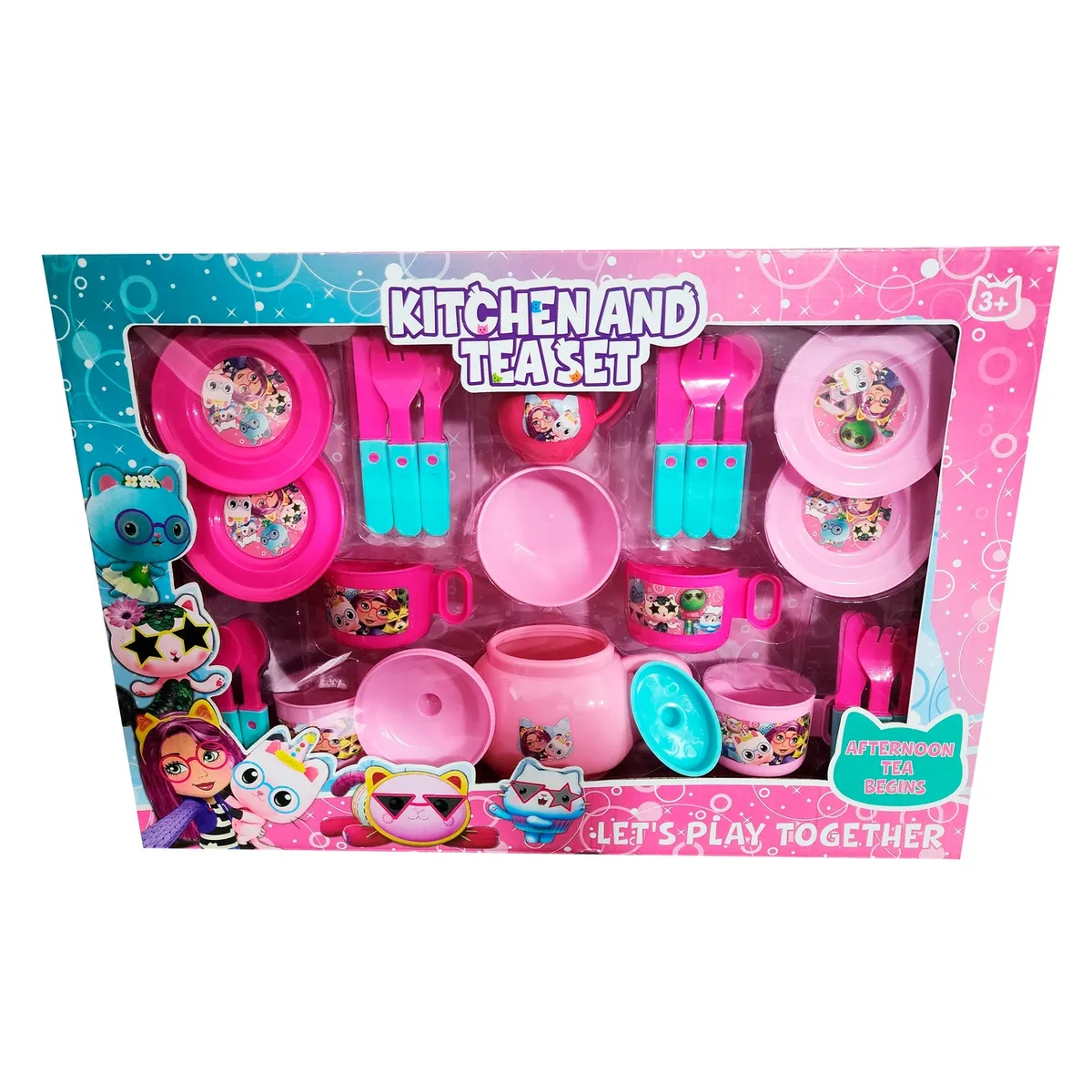 GENERICO - Juego Set Te Tetera Pocillos Platos Cubiertos Figuras Cocina