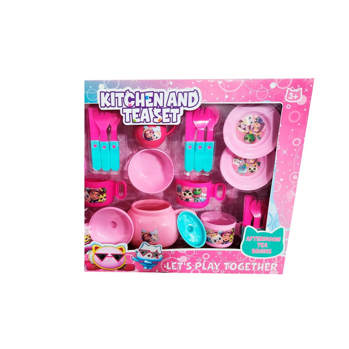 GENERICO - Juego Set Te Tetera Pocillos Platos Cubiertos Figuras Cocina