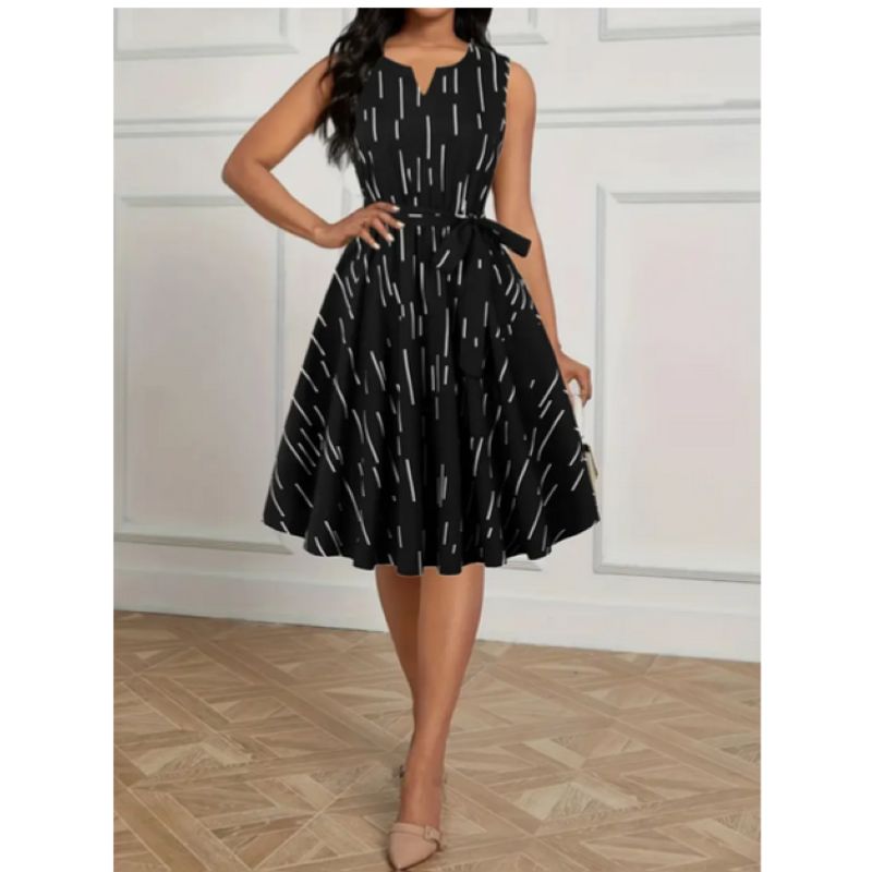 GENERICO - Prenda Vestido Negro rayas Blancas Manga siza voladizo Cinturón Talla M