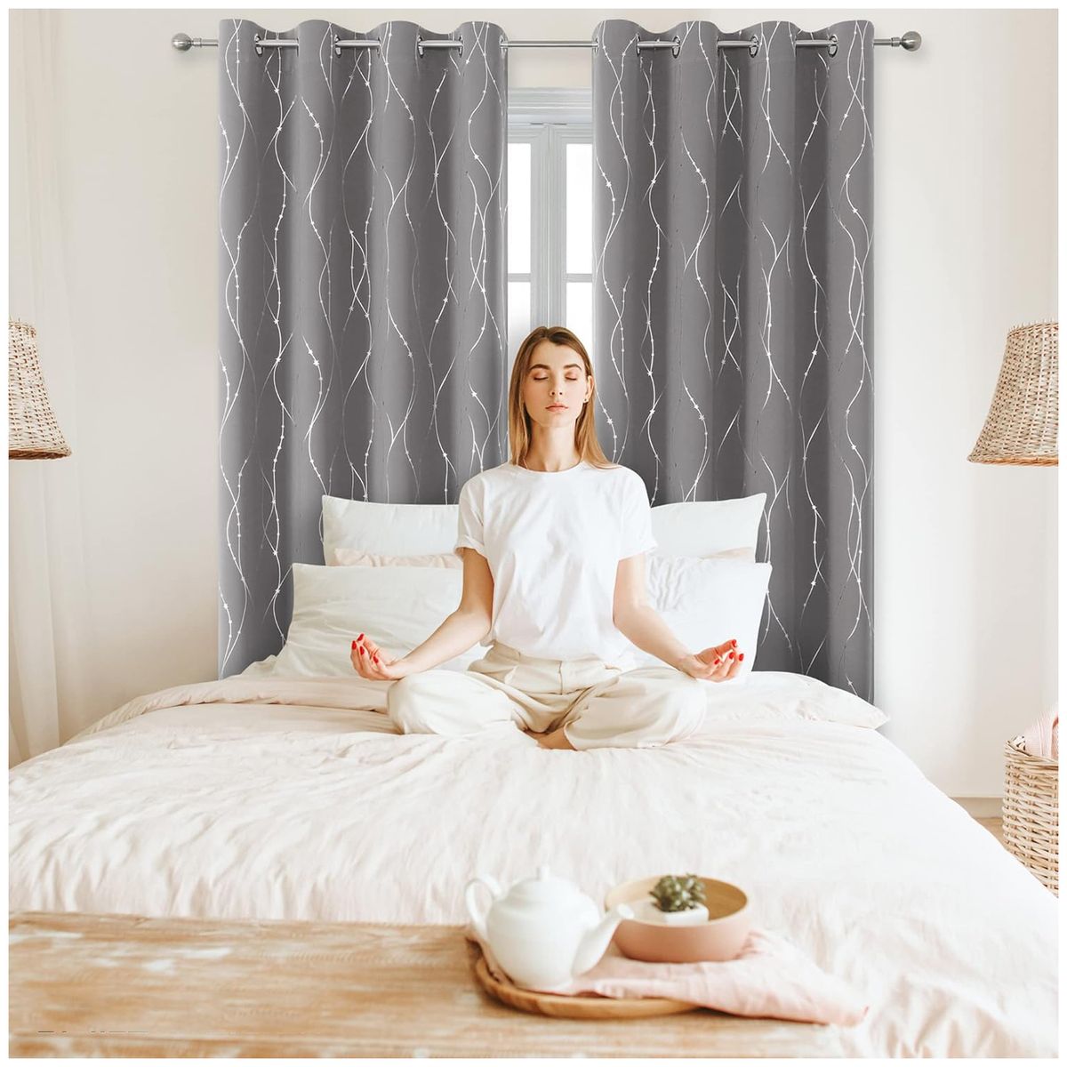 ONE PIXEL - Cortina Blackout Un Paño 132x214cm Aislante Color Gris Con Diseño