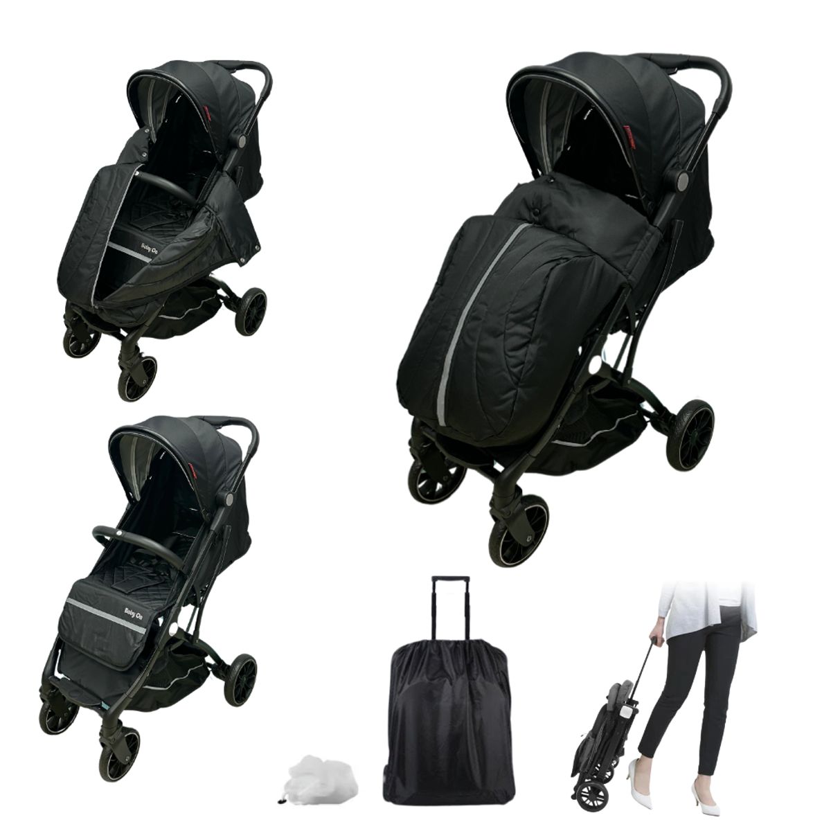 BABY ON - Coche Maleta de bebé Baby On Tureli + Cubrepies Negro