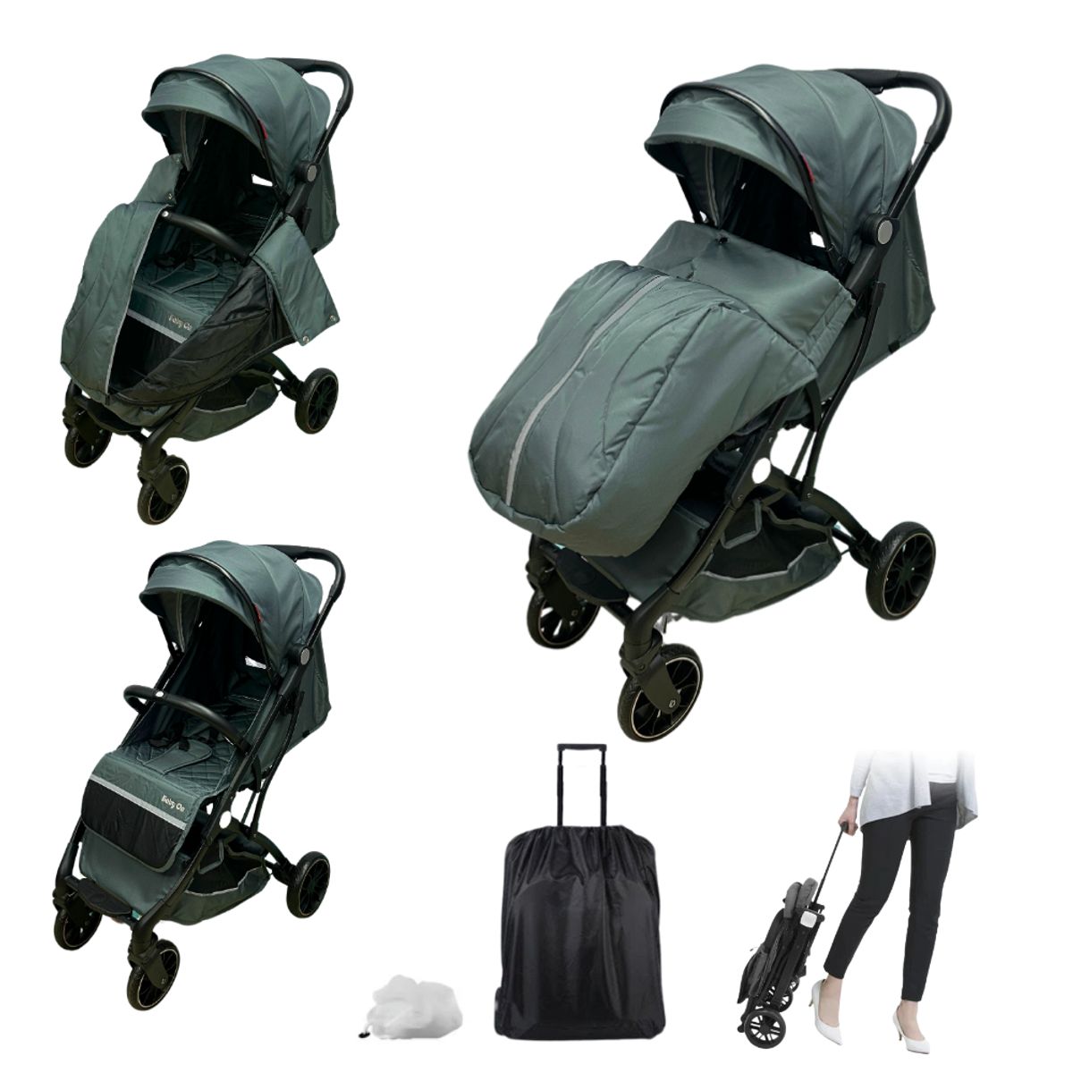 BABY ON - Coche Maleta de bebé Baby On Tureli +Cubrepies Verde Petrole