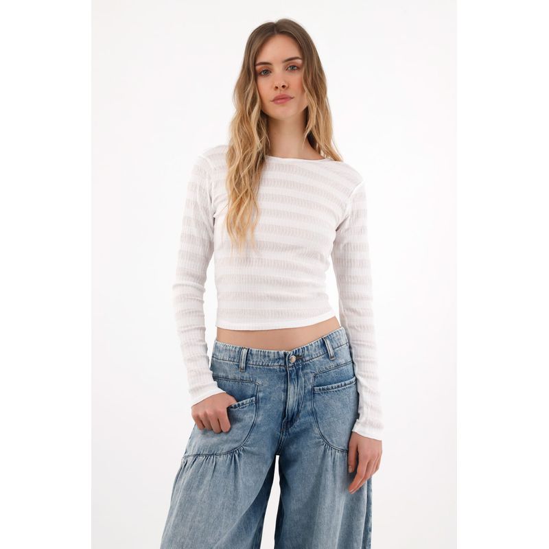 TOPMARK - Camiseta manga larga con textura a rayas crudo para mujer