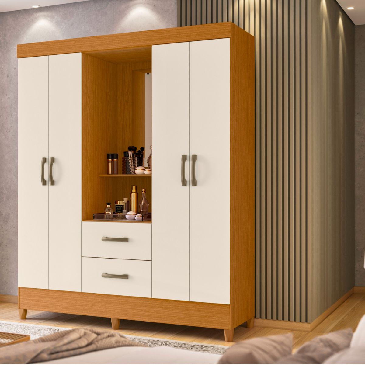 AKIVOY - Closet Armario Mobi 4 Puertas con Espejo Color Cafe - Beige