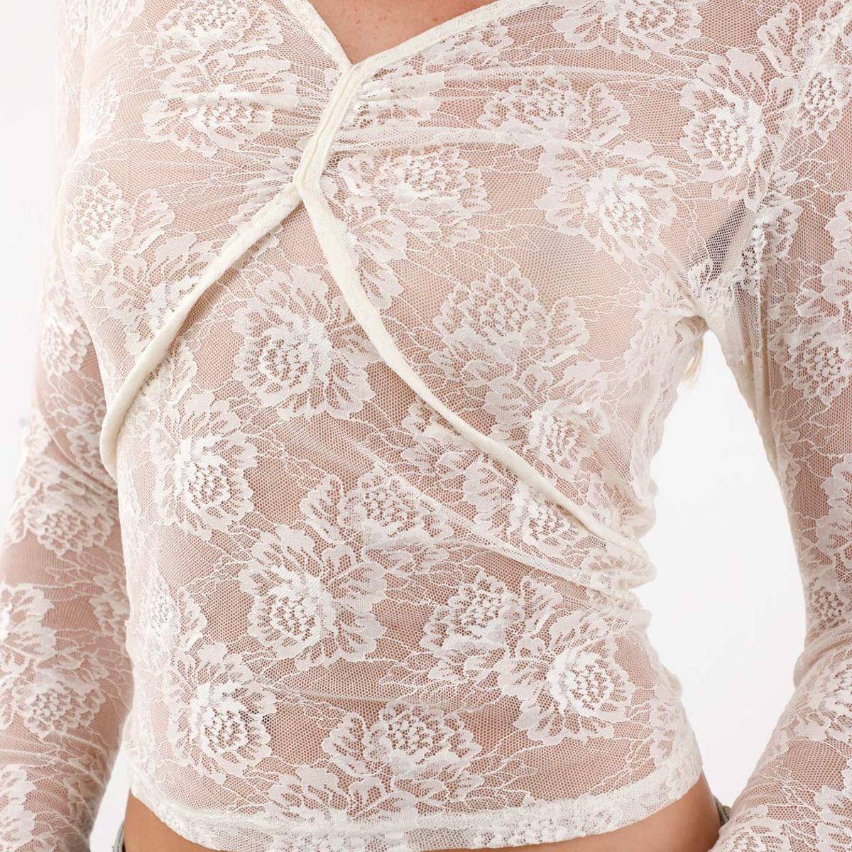 TENNIS - Camiseta en encaje manga larga crudo para mujer