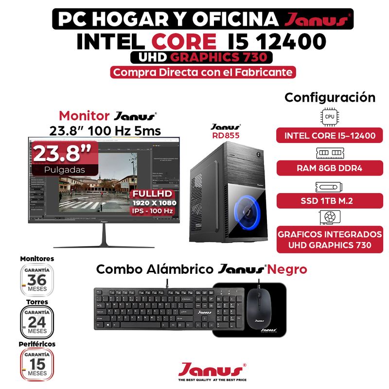 JANUS - Computador Intel Core i5-12400 RAM 8GB SSD 1TB Monitor 24 Pulgadas 100Hz