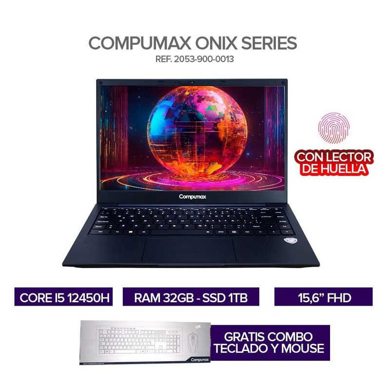 COMPUMAX - Portátil Compumax Onix Core i5 12450H  RAM 32GB  SSD 1TB  16” FHD  Lector de Huella + Combo