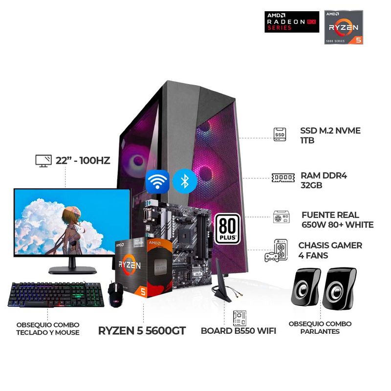 AMD - PC Ryzen 5 5600GT B550 WiFi 32GB RAM 1TB SSD  Monitor 22" Combo Parlantes