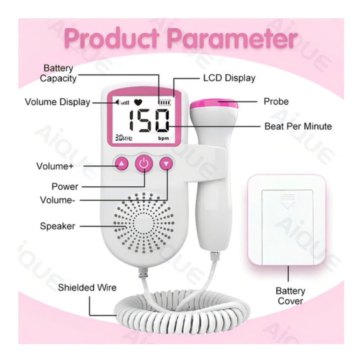 GENERICO - Monitor De Frecuencia Cardíaca Para Bebés Fetales Doppler De Color Rosado