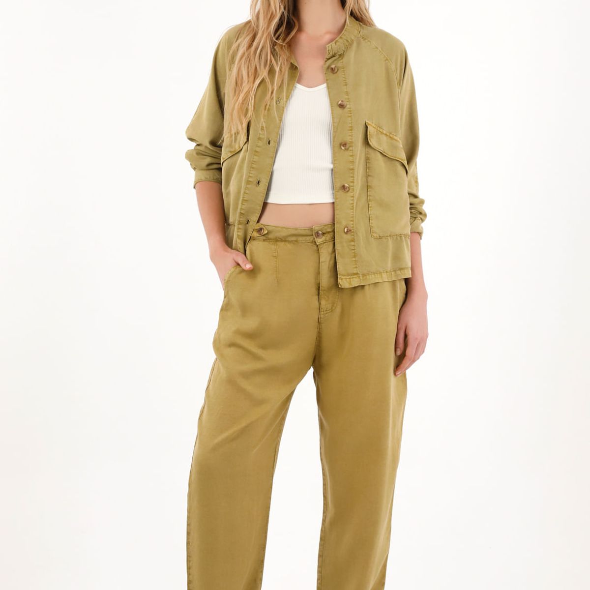 TOPMARK - Pantalón tiro alto con teñido overdye verde para mujer