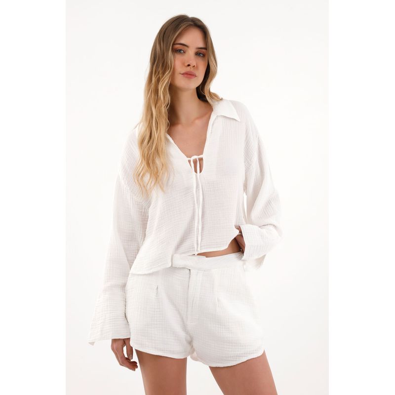 TOPMARK - Short tiro alto de tela con textura crudo para mujer