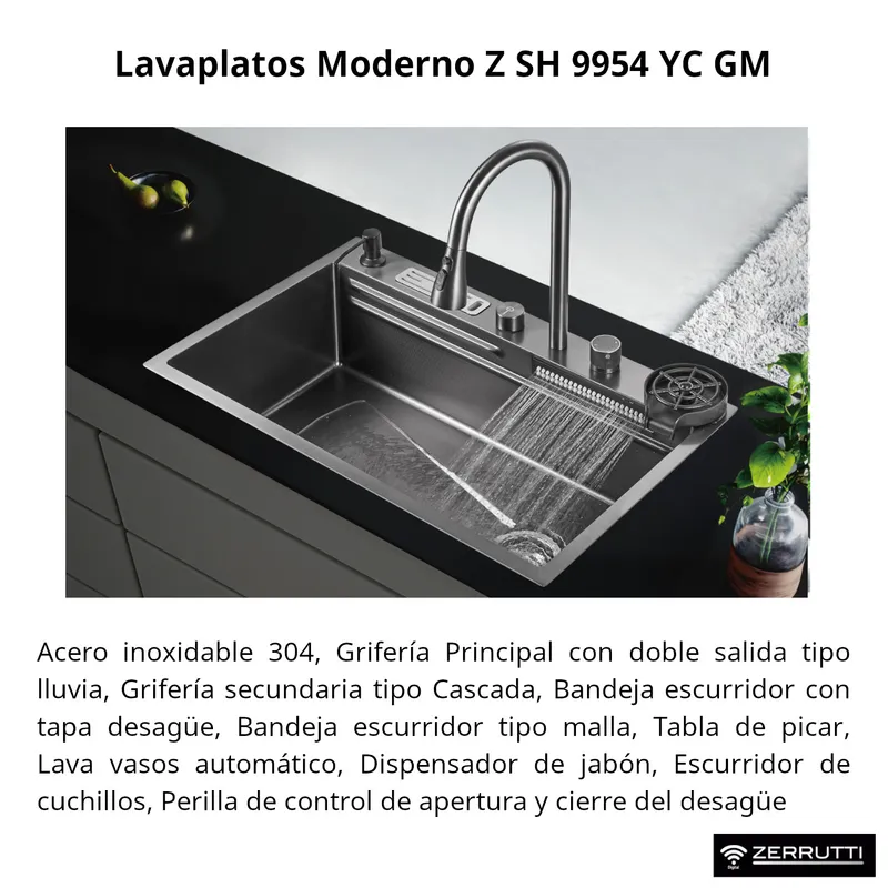 ZERRUTTI - Lavaplatos Moderno 9954 Yc, Acero Inoxidable. 75x45 Cm