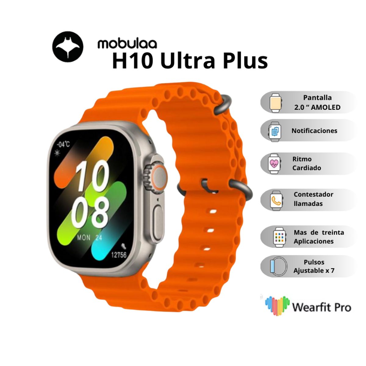 MOBULA - Reloj Inteligente H10 Ultra Plus Pantalla AMOLED - Naranja