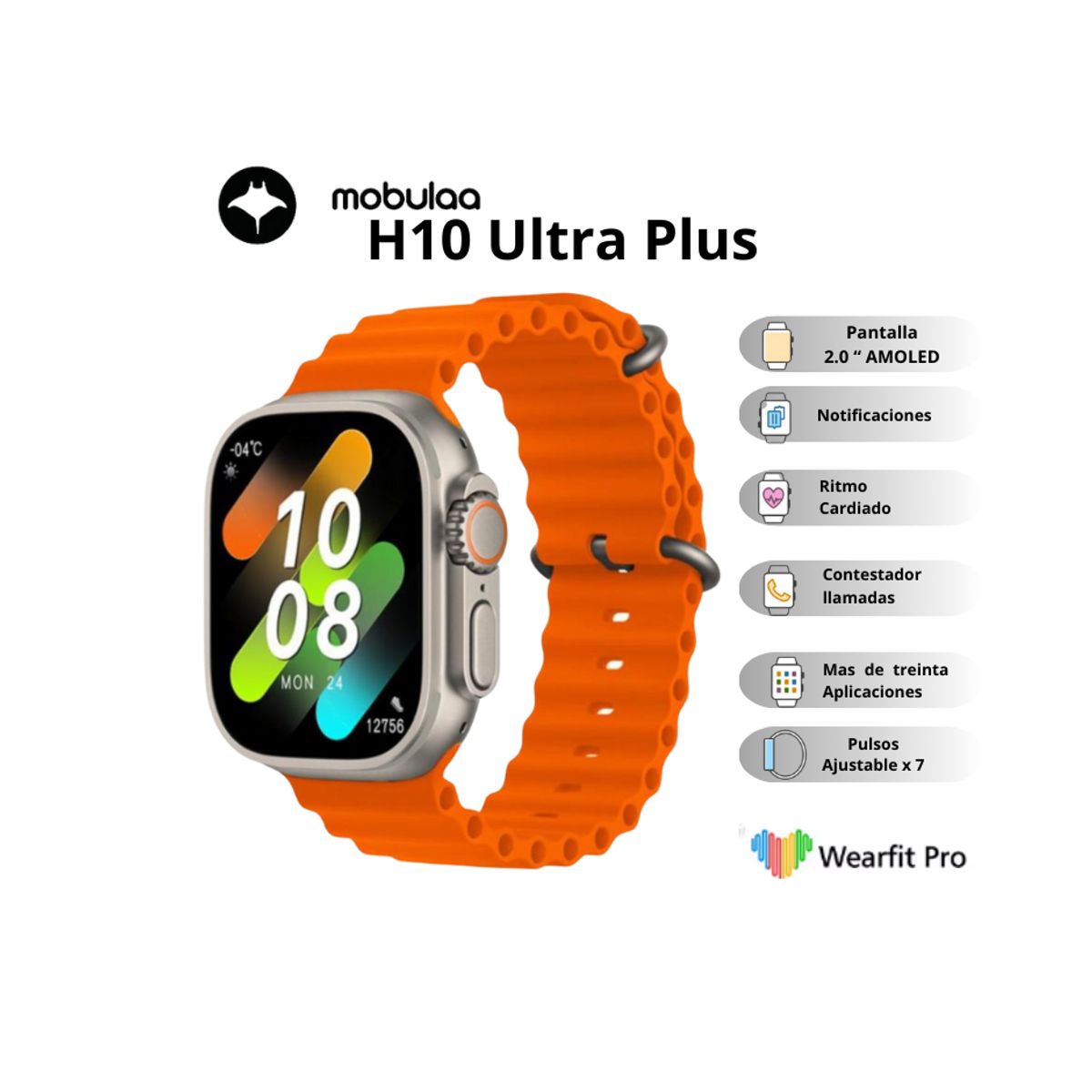 MOBULA - Reloj Inteligente H10 Ultra Plus Pantalla AMOLED - Naranja