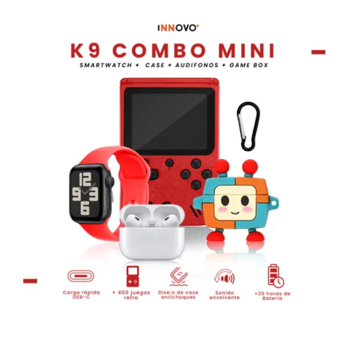 INNOVA - SmartWatch Deportivo Serie 8 Plus Con Audifonos Case Videojuegos Rojo