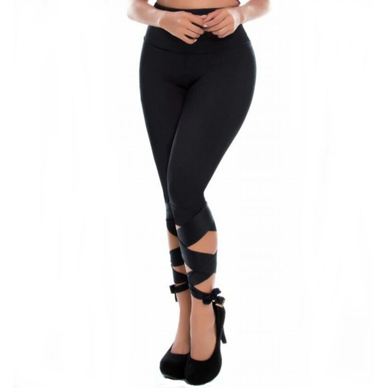 VIA7 - Leggins talle alto negro para mujer con amarre en la pierna inferior