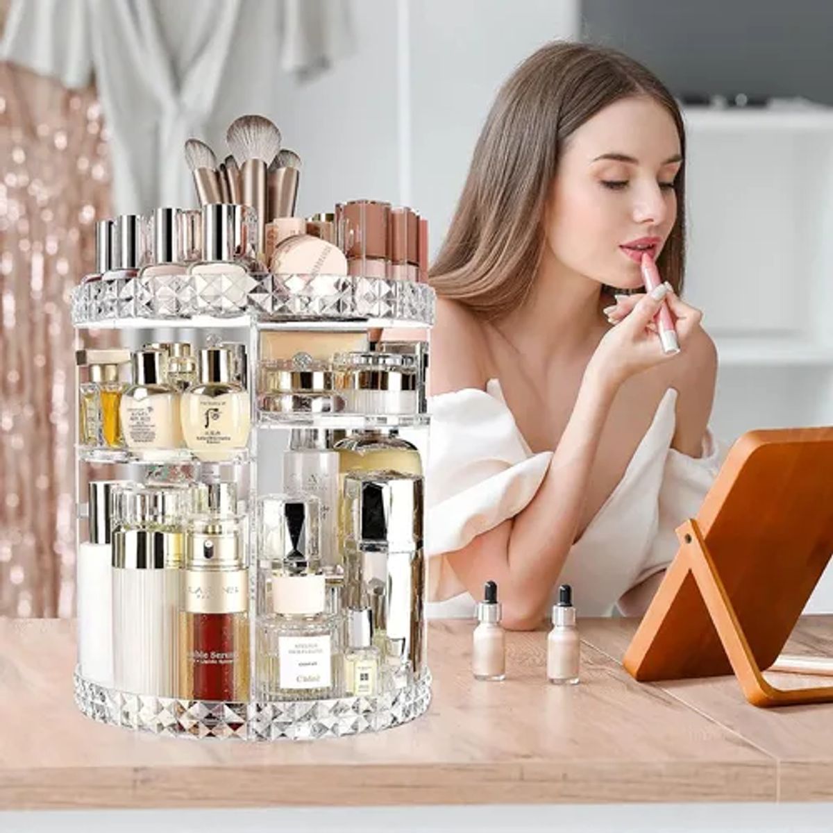 GENERICO - Organizador de Maquillaje Acrílico Giratorio 360°  3 Niveles Ajustables