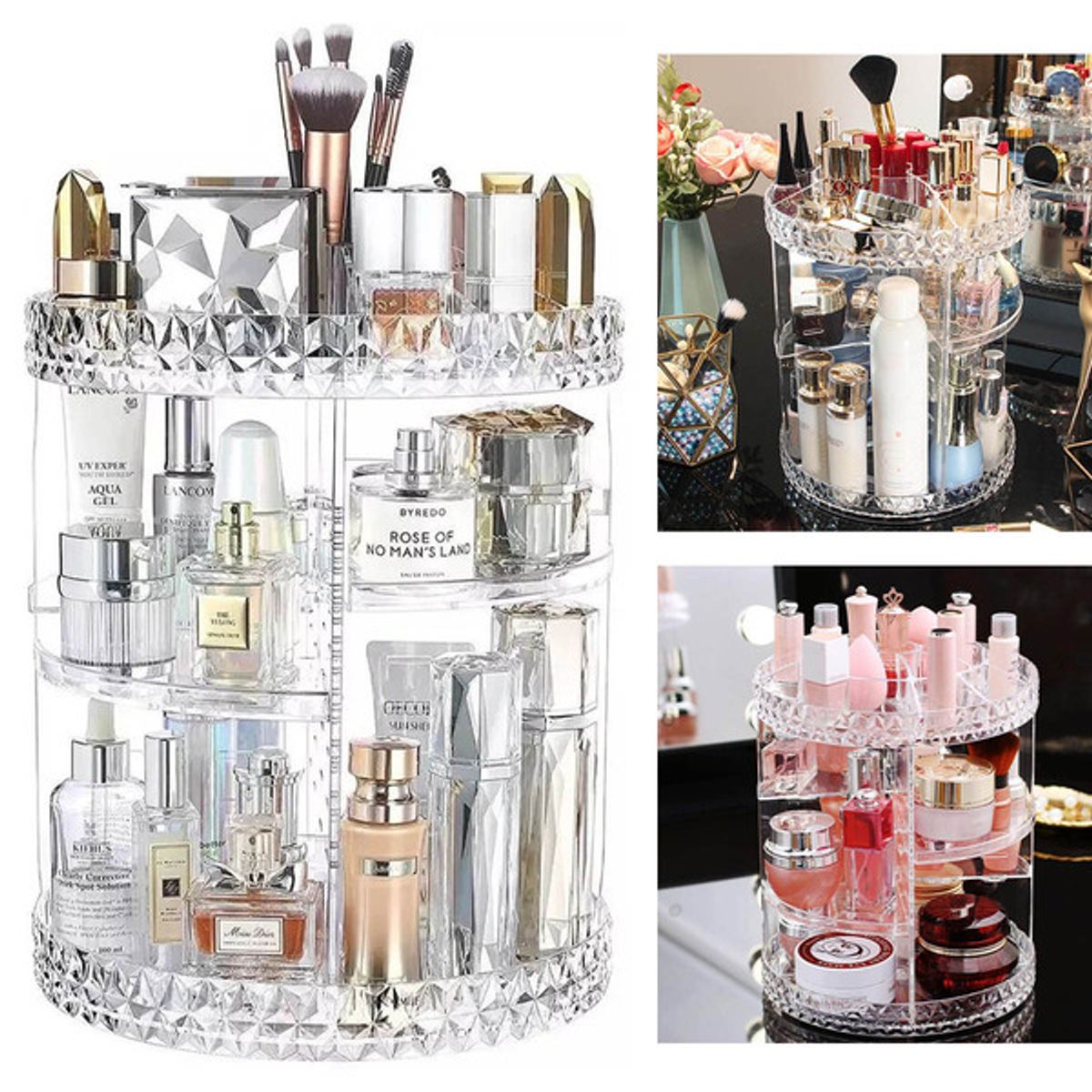 GENERICO - Organizador de Maquillaje Acrílico Giratorio 360°  3 Niveles Ajustables