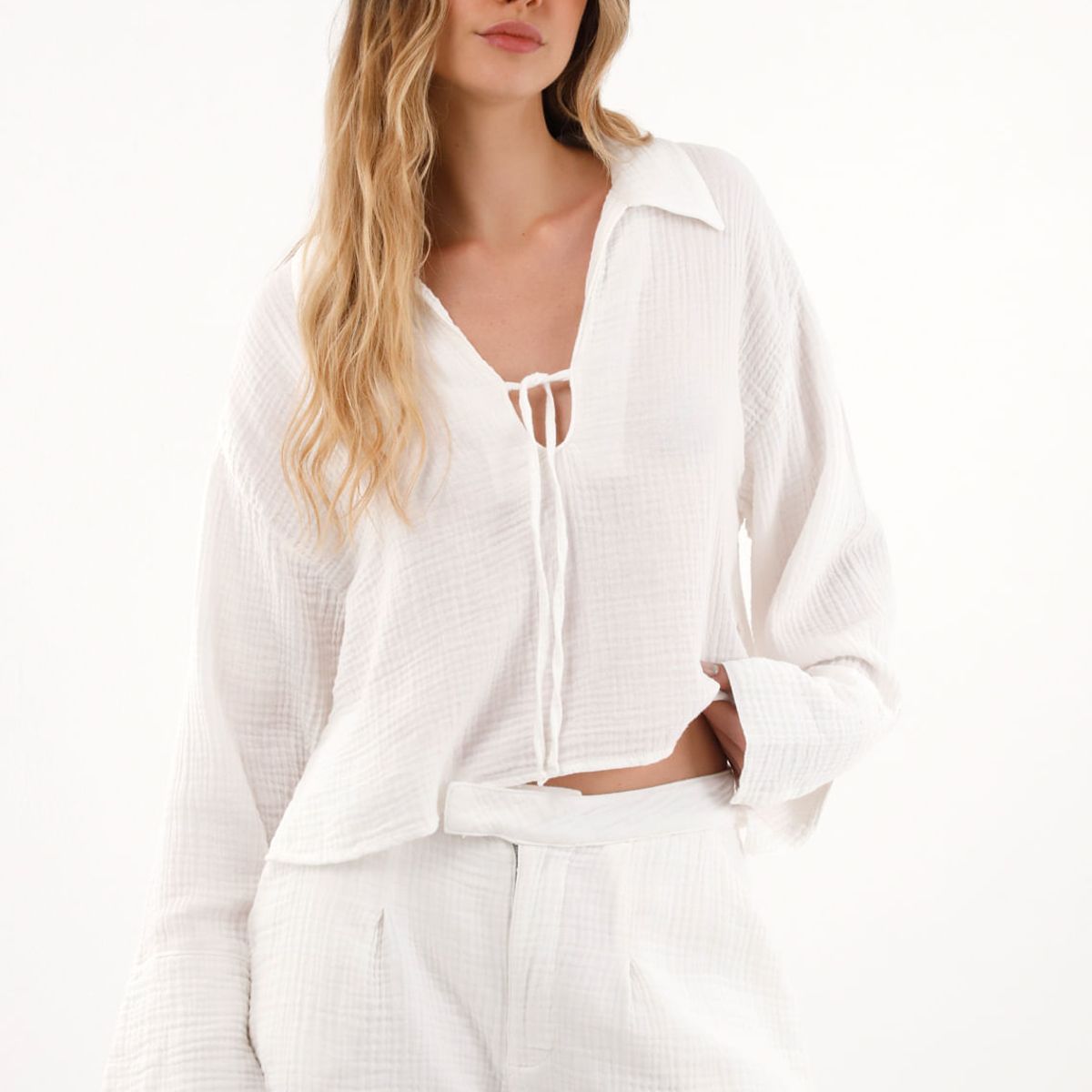 TOPMARK - Short tiro alto de tela con textura crudo para mujer