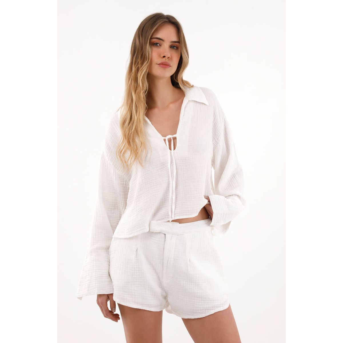 TOPMARK - Short tiro alto de tela con textura crudo para mujer