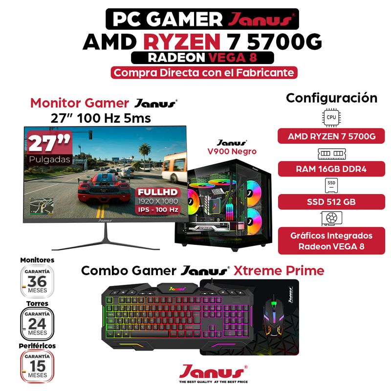 JANUS - Computador Gamer - Ryzen 7 5700G - 16GB RAM - 512GB SSD  400W - MONITOR 27"
