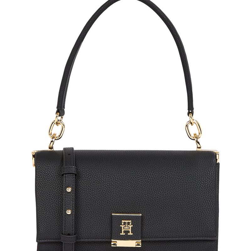TOMMY HILFIGER - Bolso negro mensajero con solapa y monograma TH Tommy Hilfiger