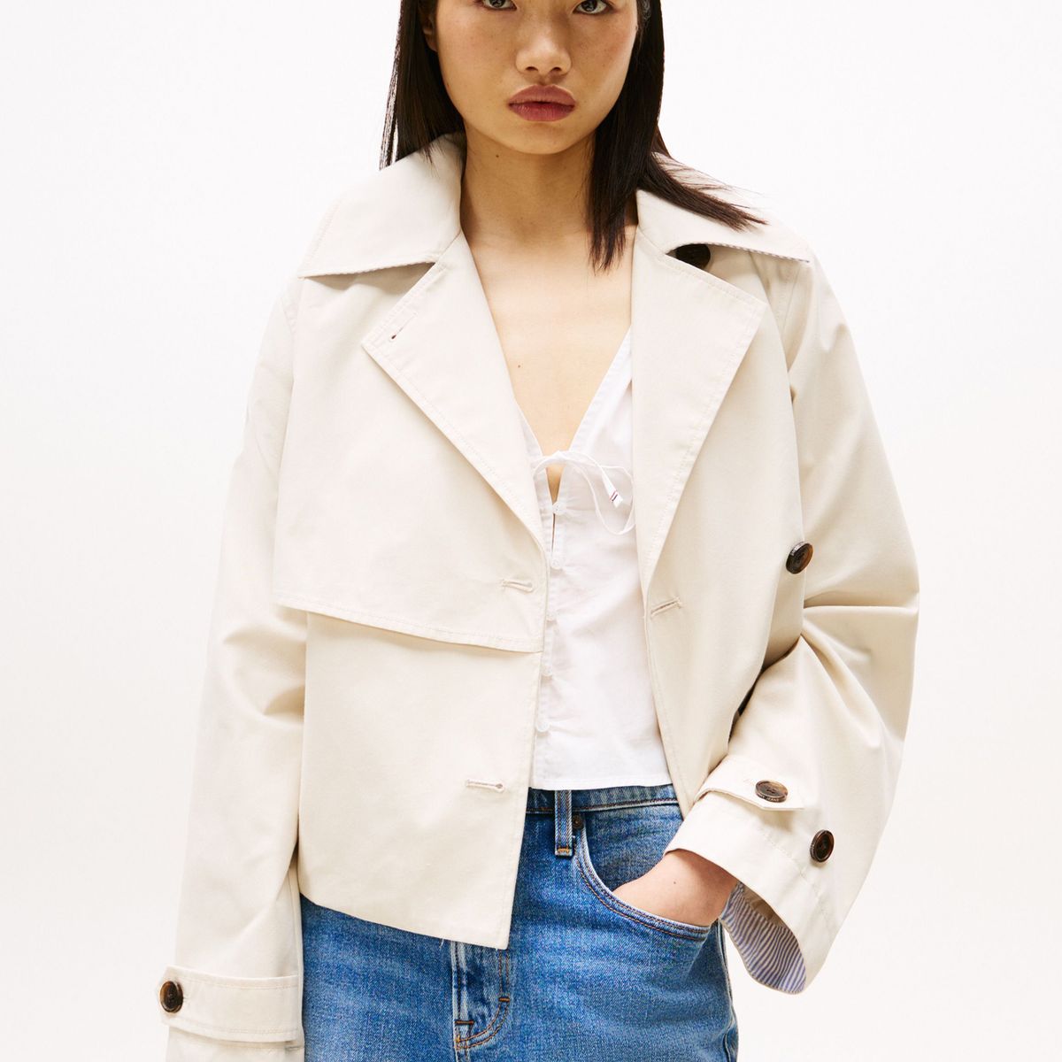 TOMMY HILFIGER - Rompe beige viento estilo trench corta