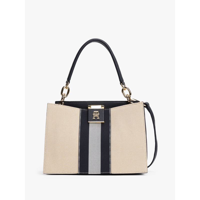 TOMMY HILFIGER - Bolso beige tote de lona con rayas y correa cruzada Tommy Hilfiger