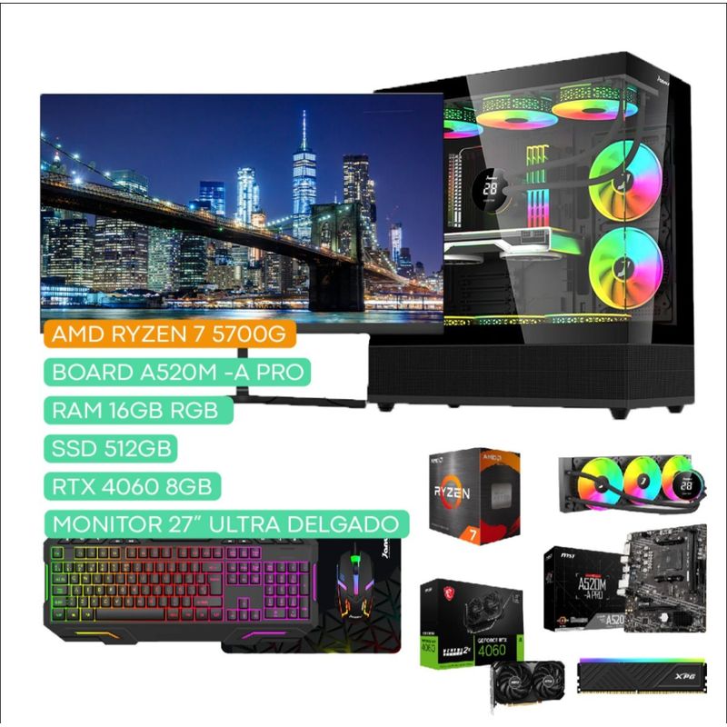 JANUS - COMPUTADOR TORRE GAMER AMD RYZEN 7 5700G 3,8GHZ RTX 4060 8GB 16/512 REF LIQ 27".