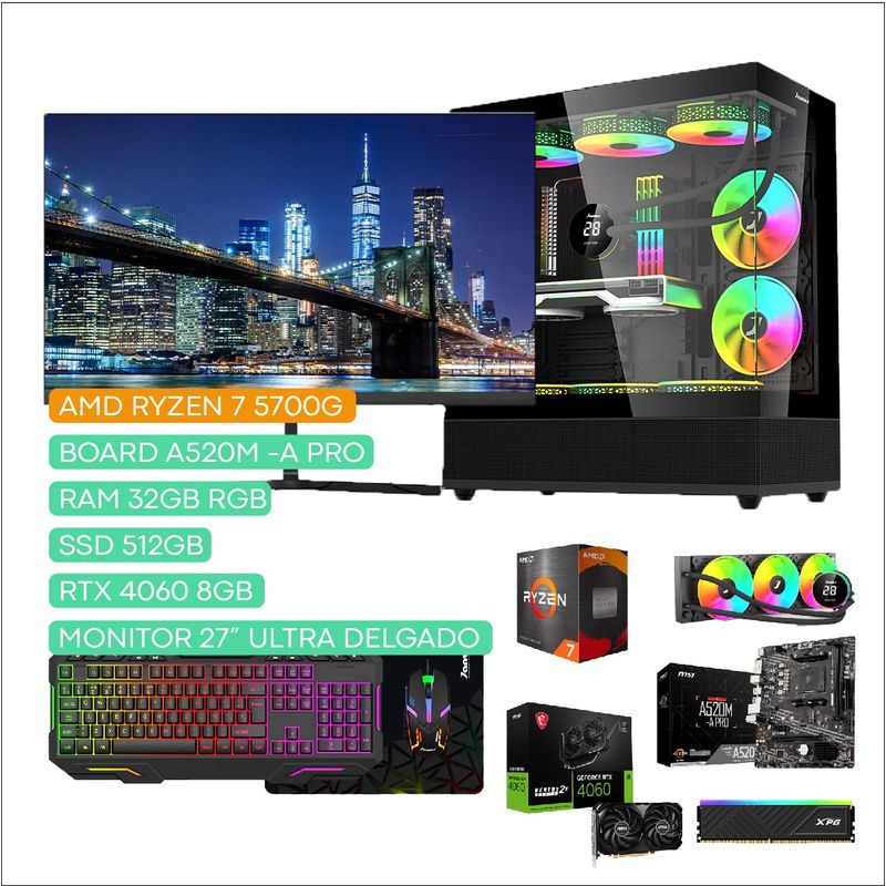 JANUS - COMPUTADOR TORRE GAMER AMD RYZEN 7 5700G 3,8GHZ RTX 4060 8GB 32/512 REF LIQ 27"