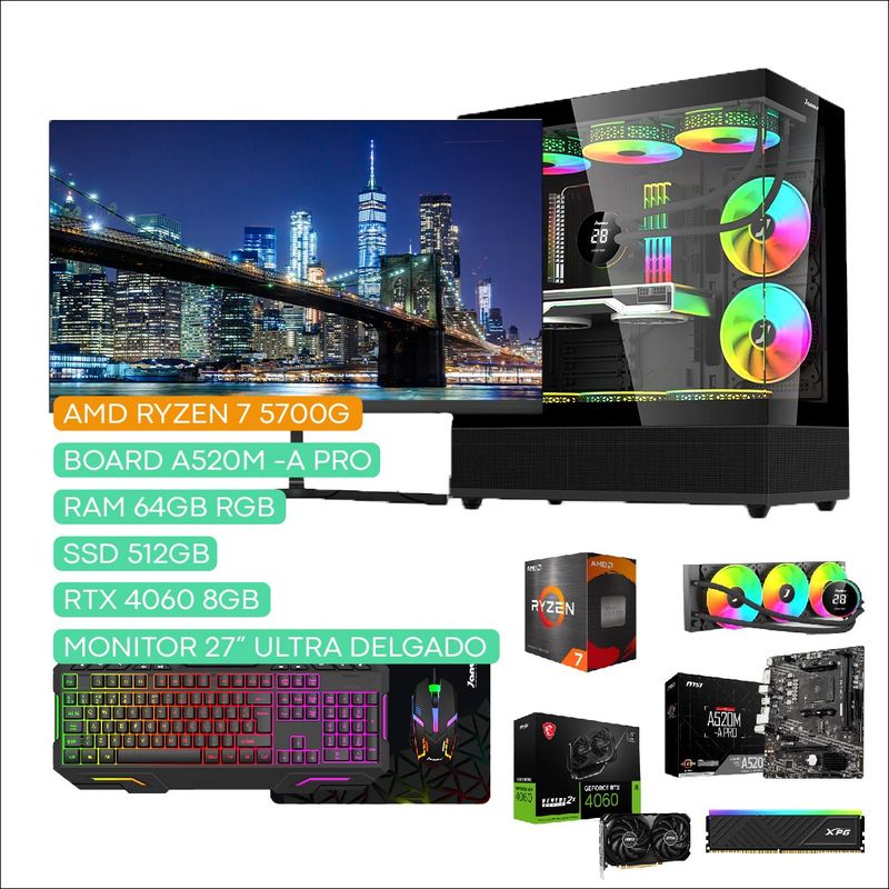 JANUS - COMPUTADOR TORRE GAMER AMD RYZEN 7 5700G 3,8GHZ RTX 4060 8GB 64/512 REF LIQ 27".