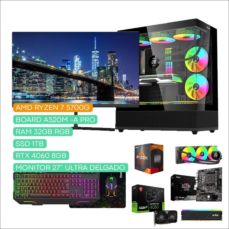 JANUS - COMPUTADOR TORRE GAMER AMD RYZEN 7 5700G 3,8GHZ RTX 4060 8 GB 32 RGB/1TB SSD 27"