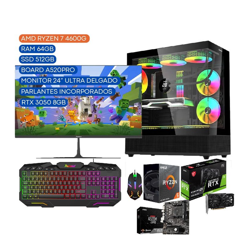 JANUS - COMPUTADOR TORRE GAMER  R5 4600G 3,7GHZ RTX 3050 8GB 64/512 BOARD A520PRO 24"