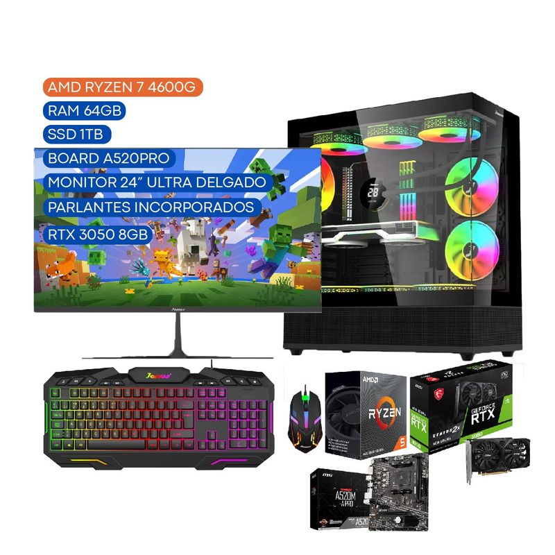 JANUS - COMPUTADOR TORRE GAMER R5 4600G 3,7GH RTX 3050 8GB 64/1 TB SSD BOARD A520PRO 24"