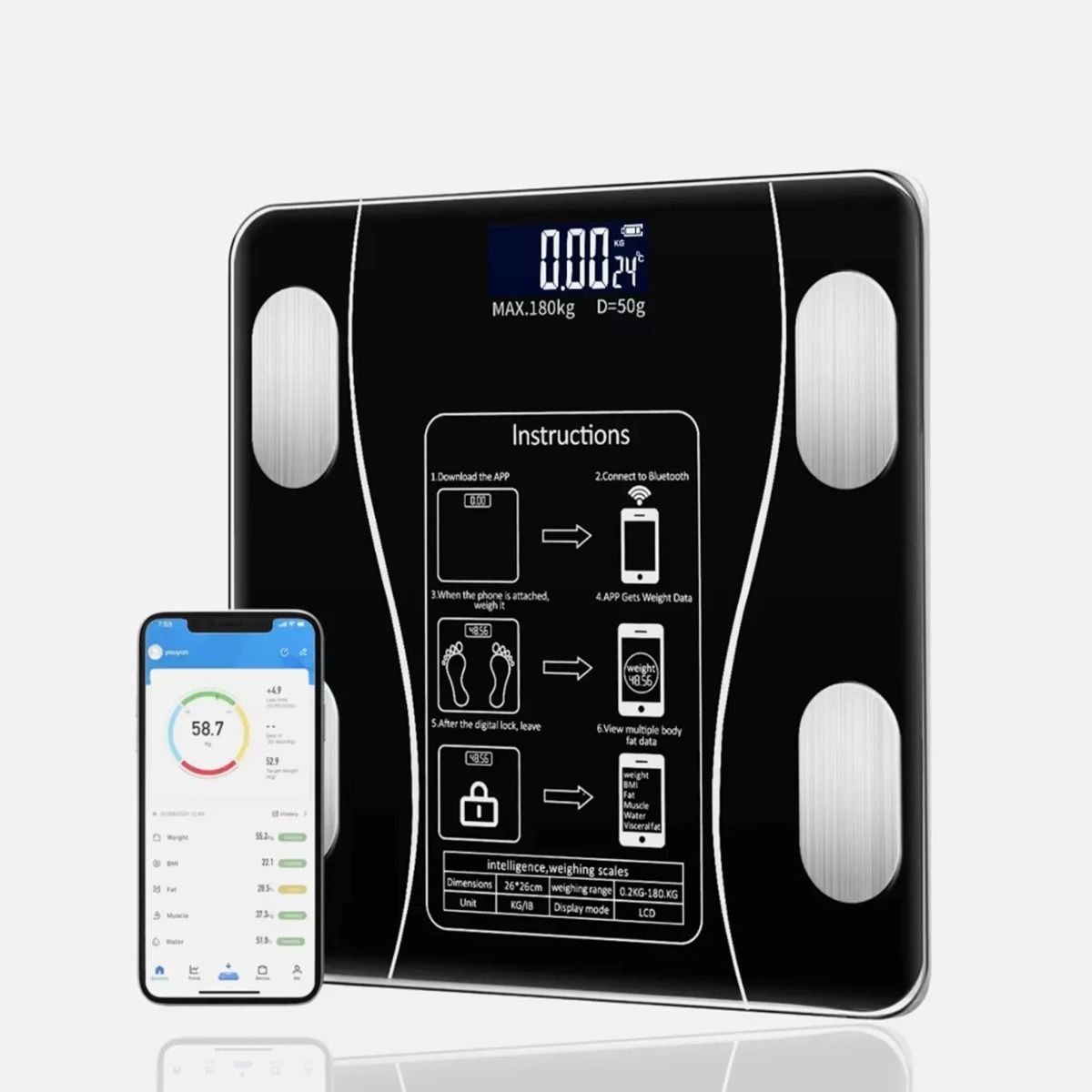 GENERICO - Bascula Inteligente Pesa Bluetooth Vidrio Templa Digital App