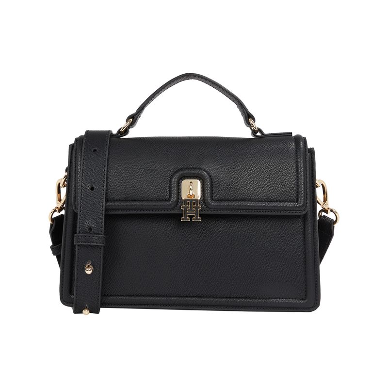 TOMMY HILFIGER - Bolso negro satchel con cierre de broche giratorio Tommy Hilfiger