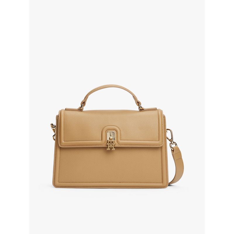 TOMMY HILFIGER - Bolso beige satchel con cierre de broche giratorio Tommy Hilfiger