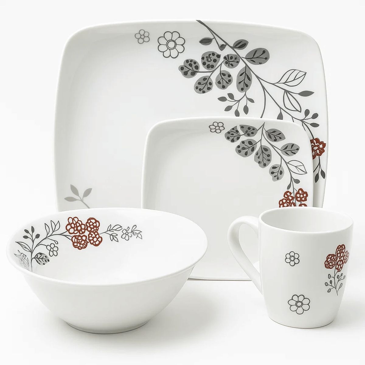 KW - Vajilla en Melamina primavera blanca con flores 16 piezas