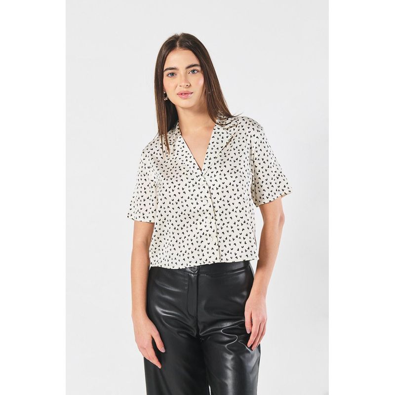 KOAJ - KOAJ BLUSA ESTAMPADA/SATIN MANGA CORTA CUELLO RESORT MUJER