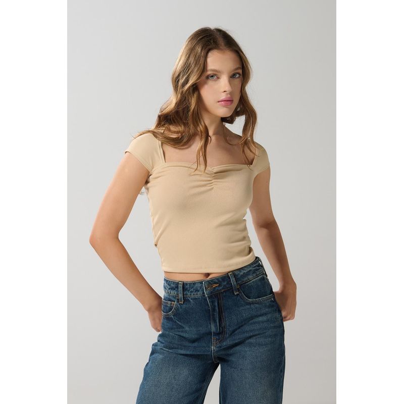 KOAJ - KOAJ Camiseta unicolor con texturas y escote corazón MUJER