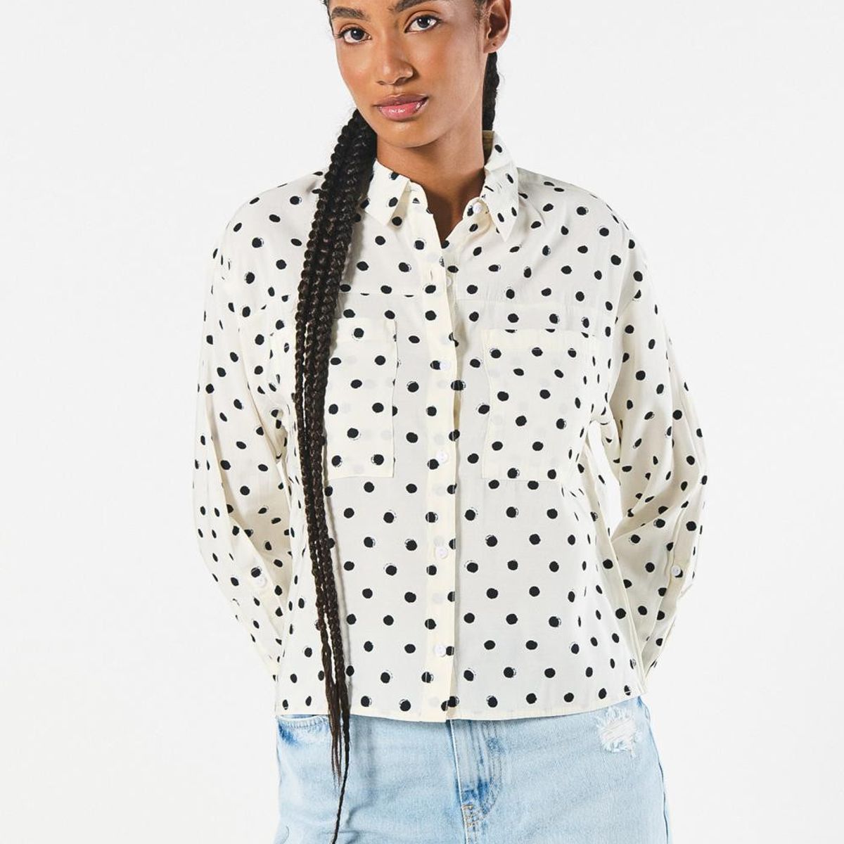 KOAJ - KOAJ Blusa crema clara manga larga con puntos negros estamp Mujer