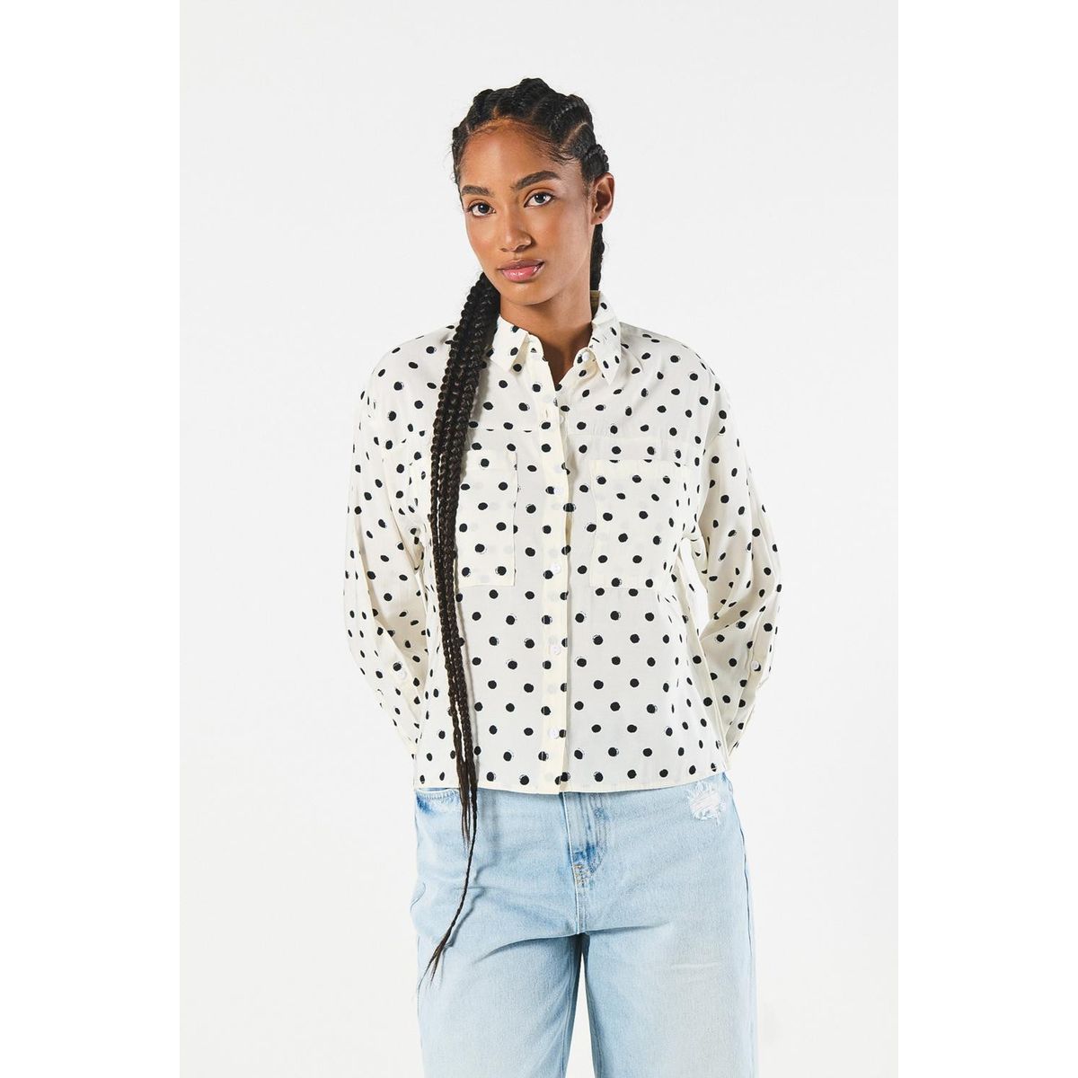 KOAJ - KOAJ Blusa crema clara manga larga con puntos negros estamp Mujer