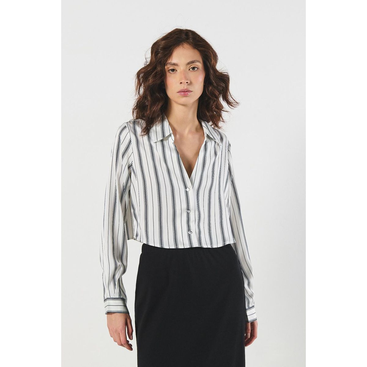 KOAJ - KOAJ Blusa crop blanca manga larga con rayas en contraste Mujer