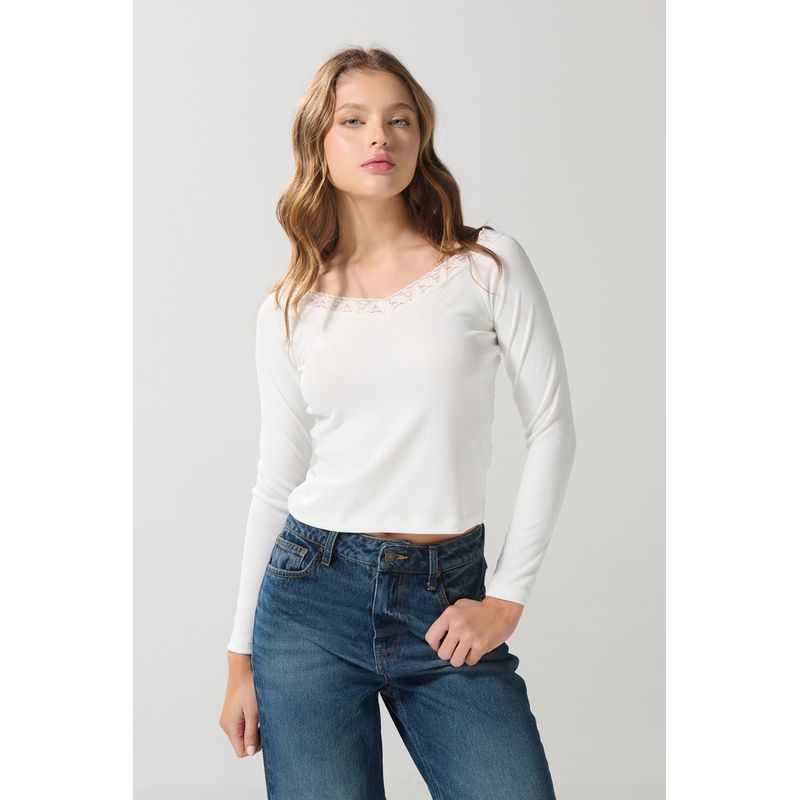 KOAJ - KOAJ Camiseta manga larga cuello bandeja con encaje en escote MUJER